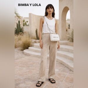 Bimba y Lola Ribbed Velvet Wide Leg Pants Oatmeal EU 38 US 6 8